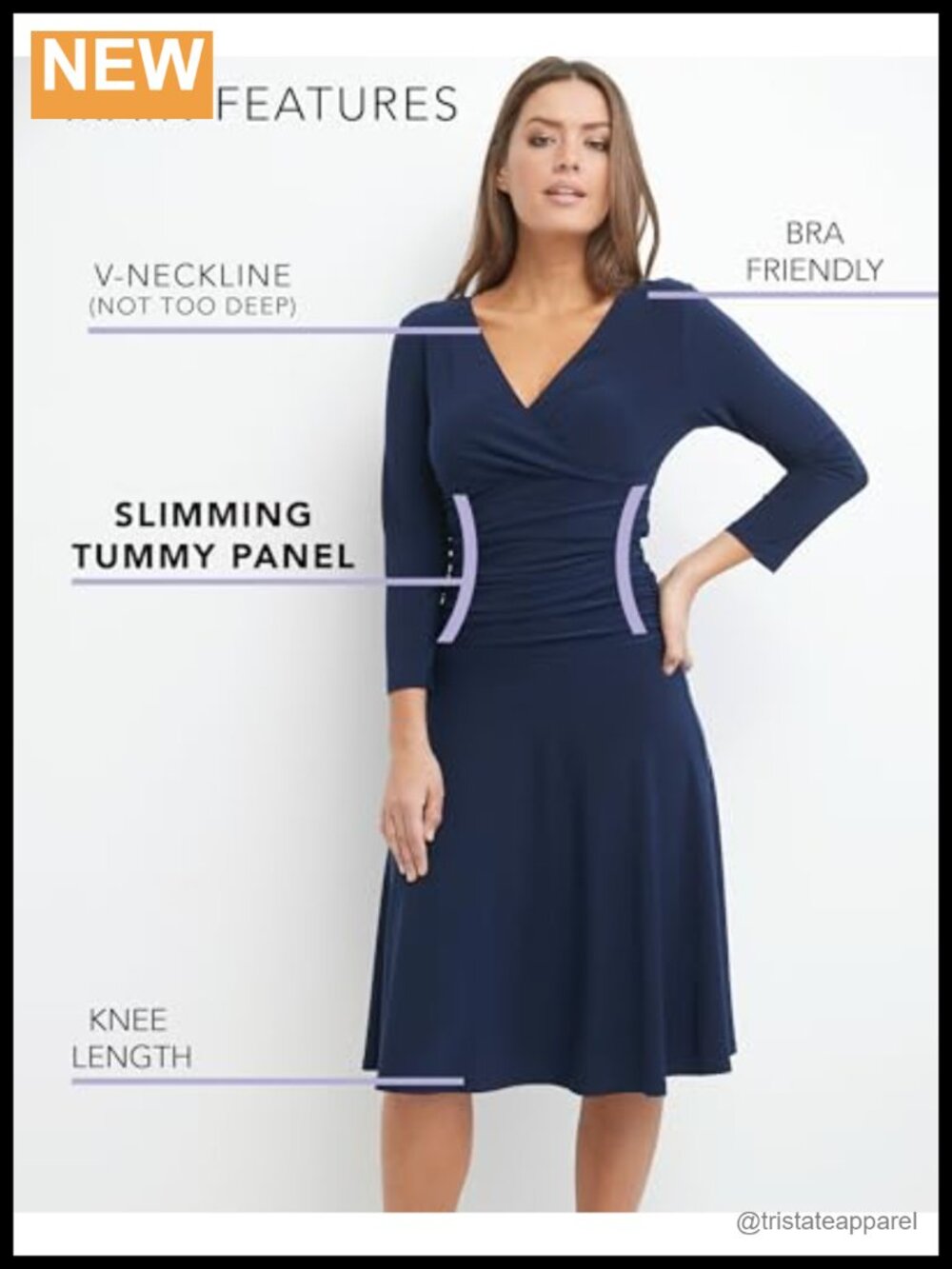 Slimming 3/4 Sleeve Fit-and-Flare Crossover Tummy Control Dress - Picture 4 of 6